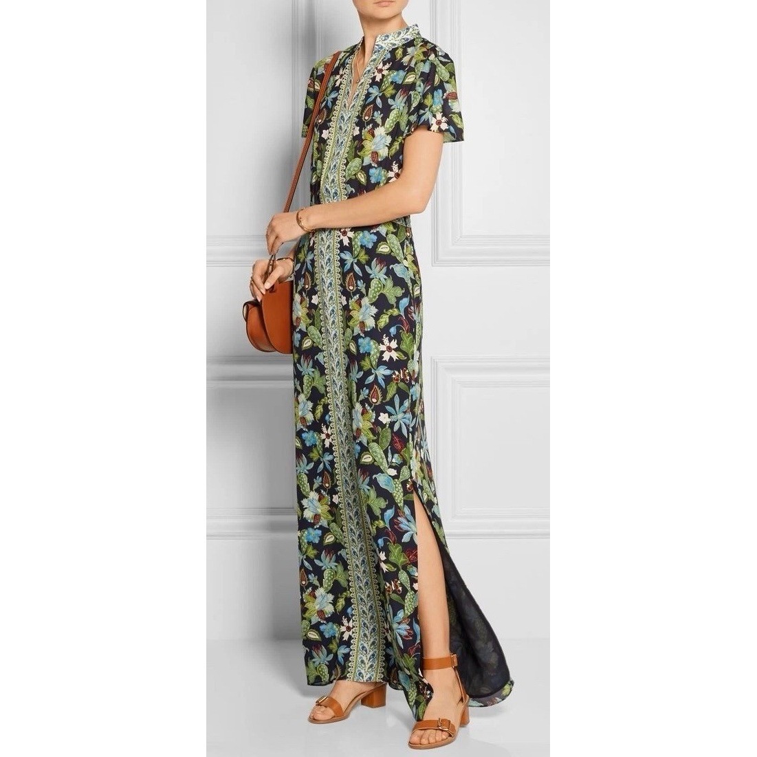 Tory Burch Dress Garden Wisteria Maxi 100% Silk Floral Mandarin Collar Sz 0 Xs